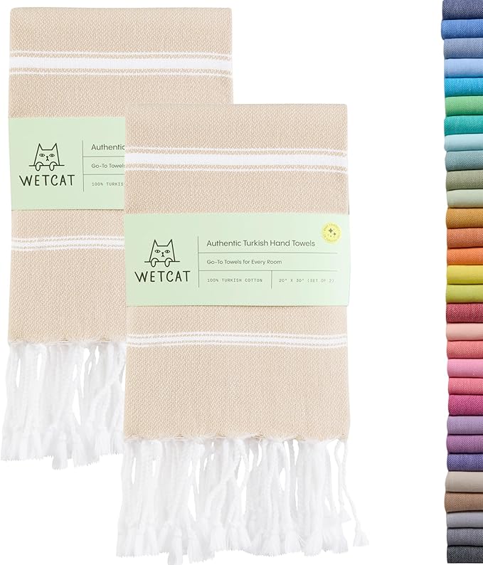 WETCAT Turkish Hand Towels with Hanging Loop, Set of 2 (20" x 30") 100% Turkish Cotton, Pre-Washed, Quick Drying, for Kitchen or Bathroom - Beige