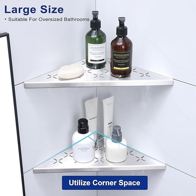 12" Corner Shower Shelf, 2-Pack Shower Shelves SUS304 Stainless Steel Bathroom Shelves for Tile Walls, Recessed Corner Shelf Organizer Rack, Large Size (Brushed)