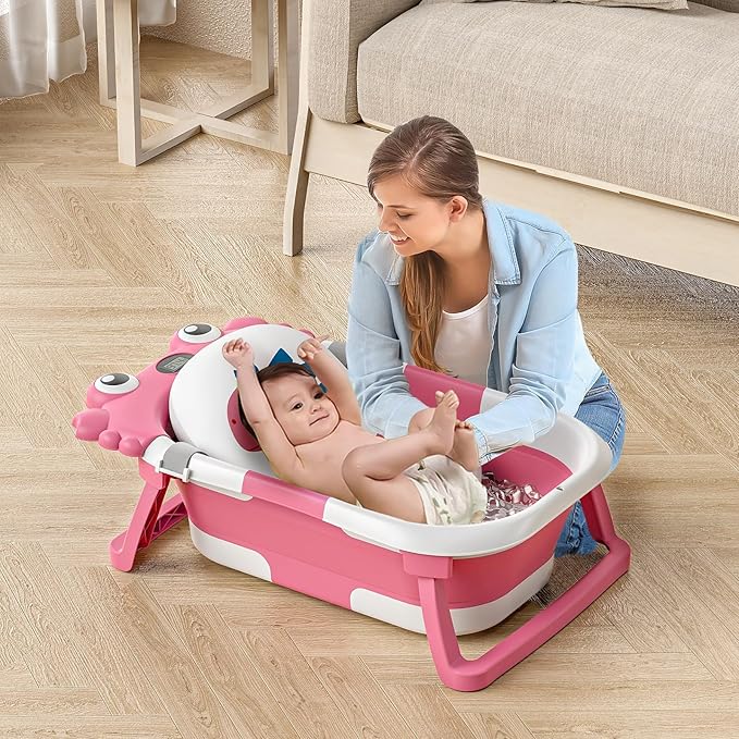 Collapsible Baby Bathtub for Newborns to Toddler with Real-time Temp Monitor & Floating Cushion,Portable Travel Tub for 0-36 Month, Foldable Baby Bath Tub for Infants Girl (Pink)
