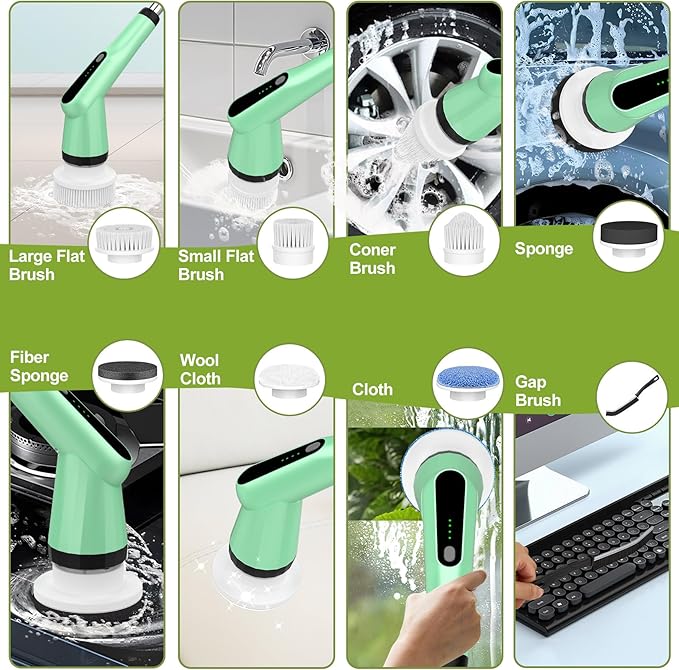 Electric Spin Scrubber, Shower Scrubber with Long Handle Adjustable, 2 Speed & 7 Replaceable Brush Heads Shower Cleaner Brush, Electric Scrubber for Cleaning Bathroom Tile Floor Bathtub Green