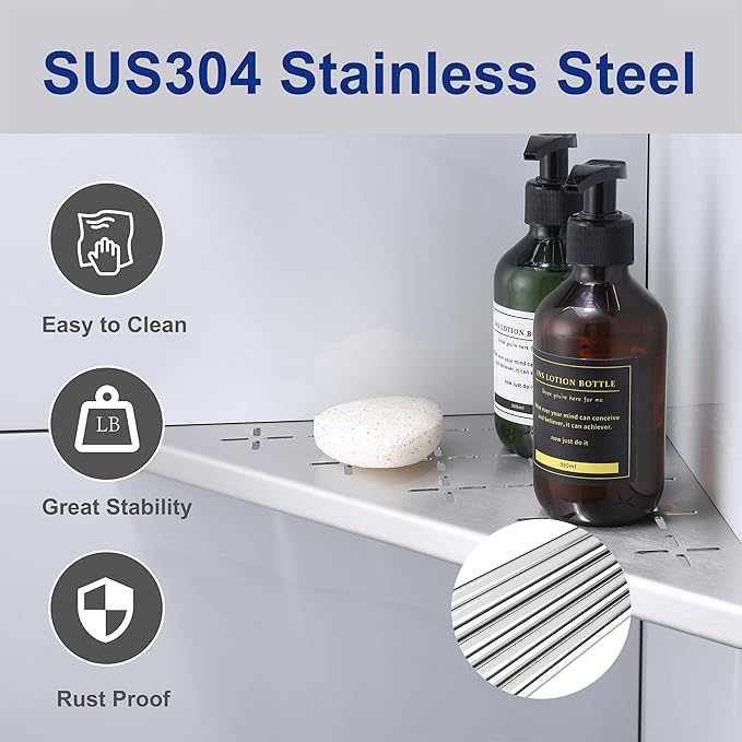 12" Corner Shower Shelf, 2-Pack Shower Shelves SUS304 Stainless Steel Bathroom Shelves for Tile Walls, Recessed Corner Shelf Organizer Rack, Large Size (Brushed)