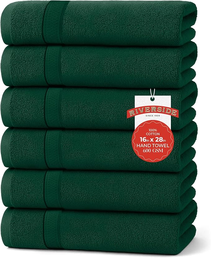 RIVERSIDE 6 Pack Premium Hand Towels Set, 16x28 inches, 100% Ring Spun Cotton, 600 GSM, Soft, Quick Dry and Highly Absorbent, Towels for Bathroom, Kitchen, Gym, Spa - Hunter Green