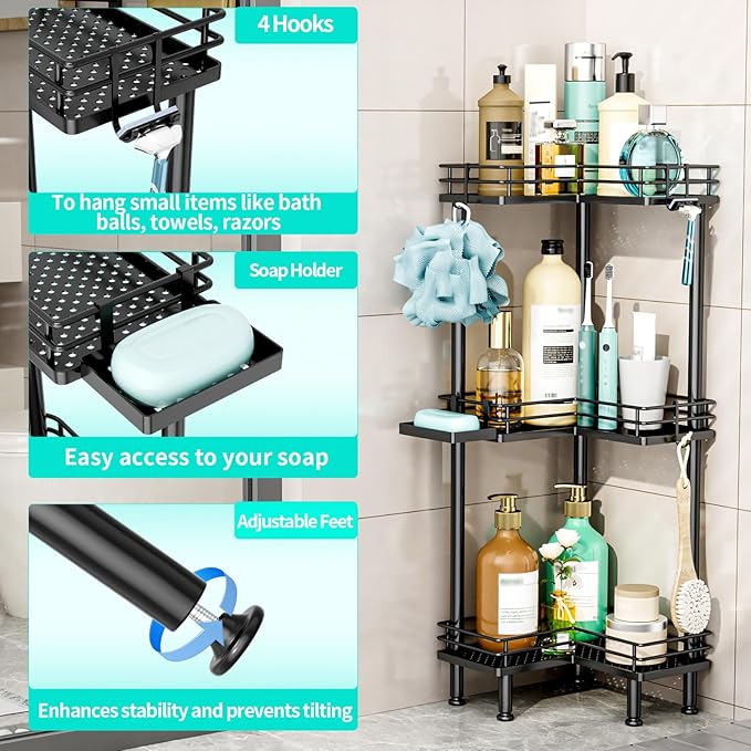 HapiRm Corner Shower Caddy Standing - 3 Tier Shower Organizer Corner with Soap Holder, Rustproof Bathroom Standing Organizer with 4 Hooks, Black