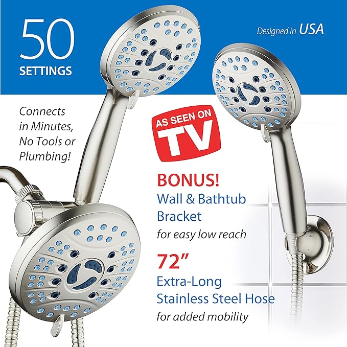 Hotel Spa AquaCare As-Seen-On-TV High Pressure Handheld & Rain 50-mode 3-way Shower Head Combo with Anti-clog Jets, 2-mode Tub & Pet Power Wash, Extra Wall Bracket, 6 ft. Hose, Nickel Finish