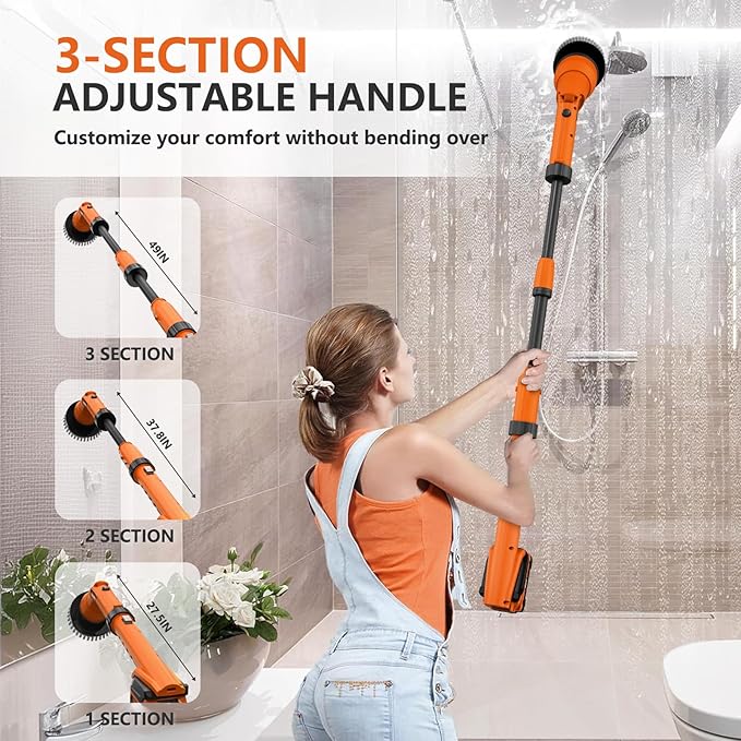 2 Battery Electric Spin Scrubber, 1000RPM Cordless Cleaning Brush Waterproof with 20V Power Supplied, Adjustable Extension Handle, 4 Replaceable Cleaning Heads, Hook, Gloves - for Tub/Tile/Wall/Floor