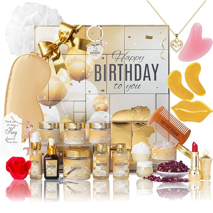 24Pcs Happy Birthday Gifts for Women Mom - Luxury Birthday Presents Spa Gift Set, Bath and Body Gift for Sister Girlfriend Wife Grandma with Necklace, Birthday Gift Set Idea for Women Female Friends