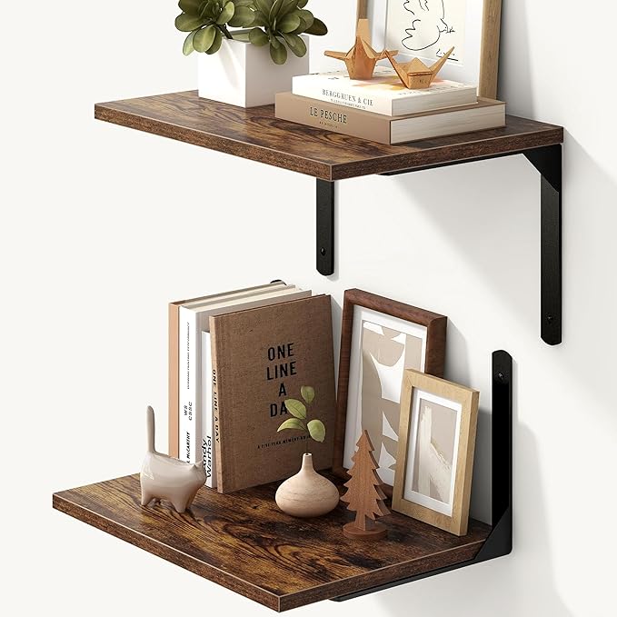 Fun Memories Rustic Brown 12 Inch Deep Floating Shelves Set of 2, Wall Mounted Shelf with Metal Brackets, Rustic Wood Wall Shelf for Bathroom, Kitchen and Living Room, Rustic Brown, 16W x 12D