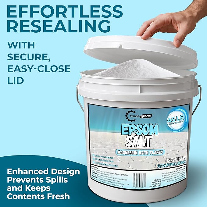 Epsom Salt Bath Soak 45 lb Bucket – Unscented, Pure Epsom Salt Bulk Crystals, Magnesium Sulfate for Full Body or Foot Soaks, Resealable Container with Scoop for Home Bath Use