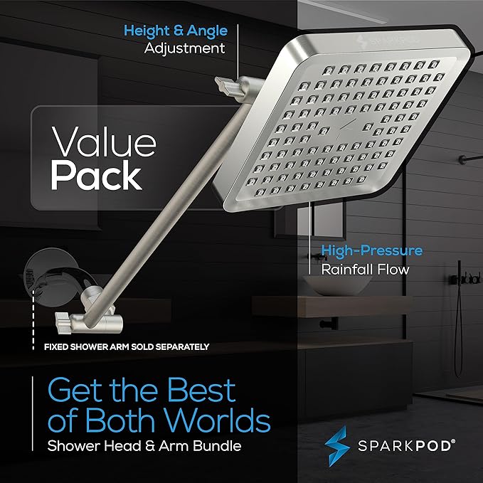SparkPod Square Rain Shower Head with Shower Head Extension Arm - High Pressure Rain - Luxury Modern Look - No Hassle Tool-less 1-Min Installation (16" Shower Arm Extension, Elegant Brushed Nickel)