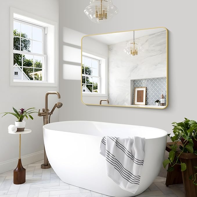 BONEWEI Gold Bathroom Mirror,40x48 inch Wall Mirror for Bathroom Wall Mounted,Round Rectangle Mirror for Bathroom Over Sink,Modern Frame for Home Decor Living Room,Bedroom Entryway,Horizontal/Vertical
