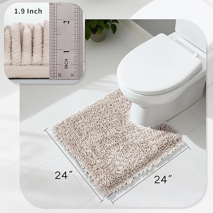 Yimobra Toilet Rugs U Shaped Washable, Extra Thick Soft Absorbent Chenille Contour Bathroom Rugs for Toilet 24x24 Inch, Quick Dry Non Slip Toilet Mat for Bath Floor, Khaki