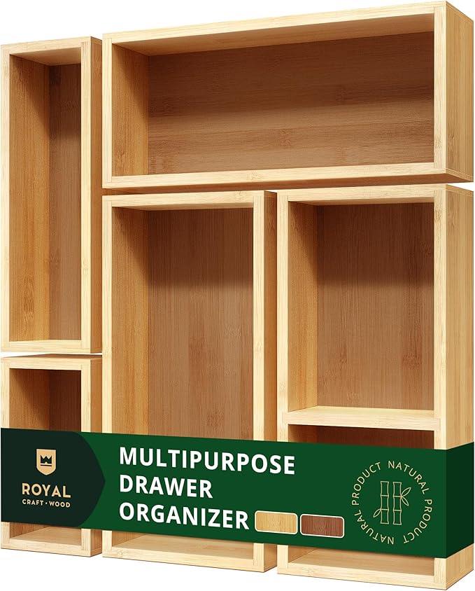 ROYAL CRAFT WOOD 5-Piece Bamboo Drawer Organizer Set – Multi-Use Storage Trays for Kitchen, Bathroom, Office, Makeup, Jewelry & More – Junk Drawer Tray, Utensil Holder, Storage Box & Bin Set (5 Boxes)