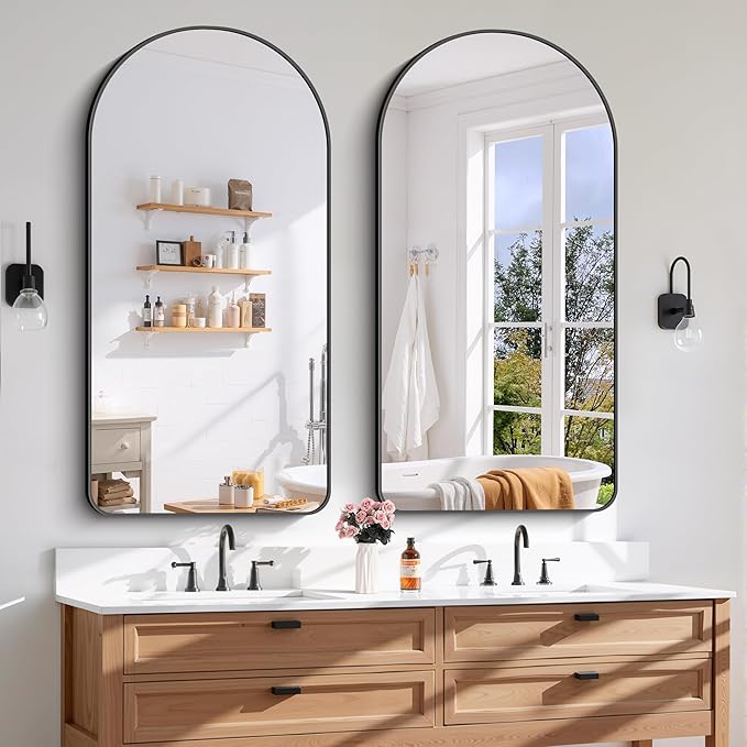Arched Bathroom Mirror, 24"x48" Black Arched Mirror for Bathroom, Wall Mounted Mirror, Black Vanity Wall Mirror w/Metal Frame for Bedroom, Entryway, Living Room, Vertically Hanging