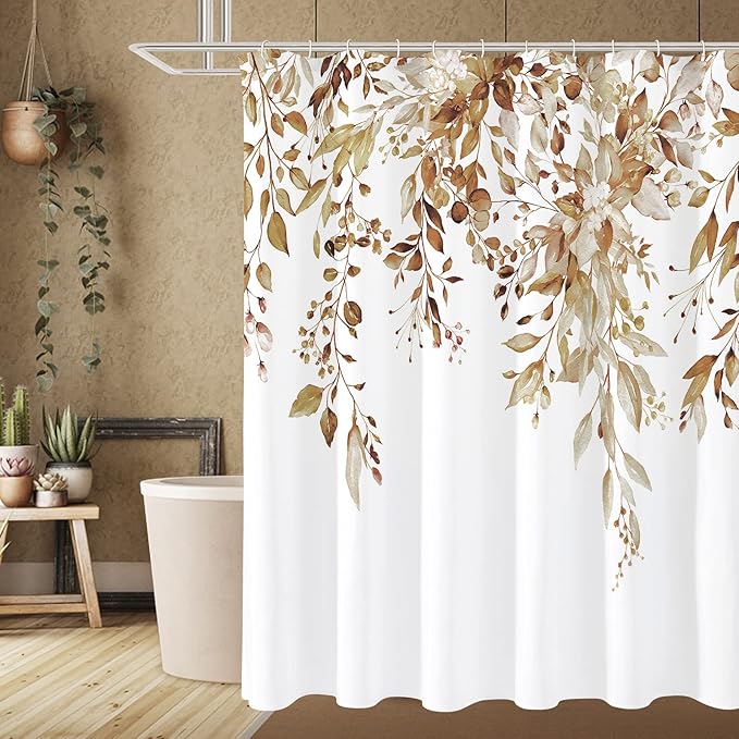 Gibelle Brown Eucalyptus Shower Curtain, Watercolor Plant Leaves with Floral Bathroom Shower Curtain Set, 72x72