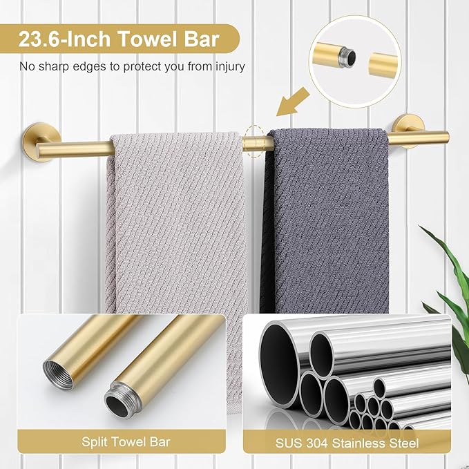 TQKAG 5 Piece Bathroom Accessories Set Brushed Gold Bathroom Hardware Set 23.6 Inch Bath Towel Bar Set SUS304 Stainless Steel Towel Rack Set