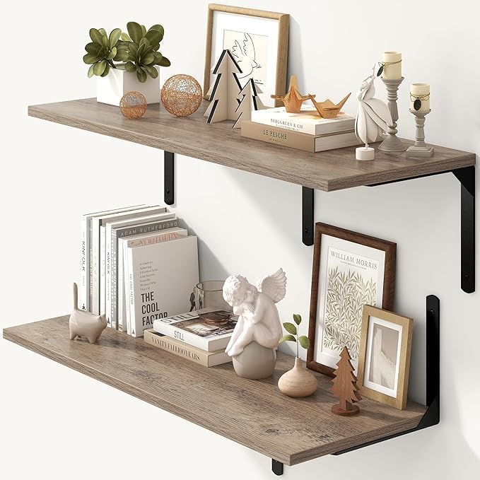 Fun Memories Floating Shelves for Wall, 12 Inch Deep Floating Shelves Set of 2, Wall Mounted Shelf with Metal Brackets, Rustic Wood Wide Shelf for Bathroom, Kitchen and Living Room, Grey, 36W x 12D