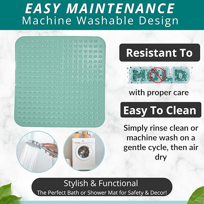 ENKOSI Extra Large Square Non Slip Shower Mat - 31 x 31-inch XL Bathroom Shower Mat - Square Shower Matts for Shower Stall Floors | Secure Suction Cups and Drain Holes (31x31 Aqua Green)