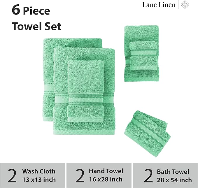 LANE LINEN Luxury Bath Towels Set - 6 Piece Set, 100% Cotton Bathroom Towels, Zero Twist, Quick Dry Soft Absorbent Shower 2 Bath Towel, 2 Hand Towel, 2 Wash Cloths - Aqua Sky