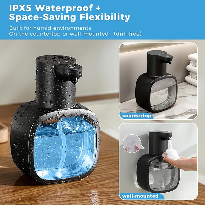 Automatic Foaming Soap Dispenser, 17oz/500ml Touchless Rechargeable with 4-Level Adjustable & IPX5 Waterproof - Level Display for Wall/Tabletop Use in Bathroom, Kitchen, Black