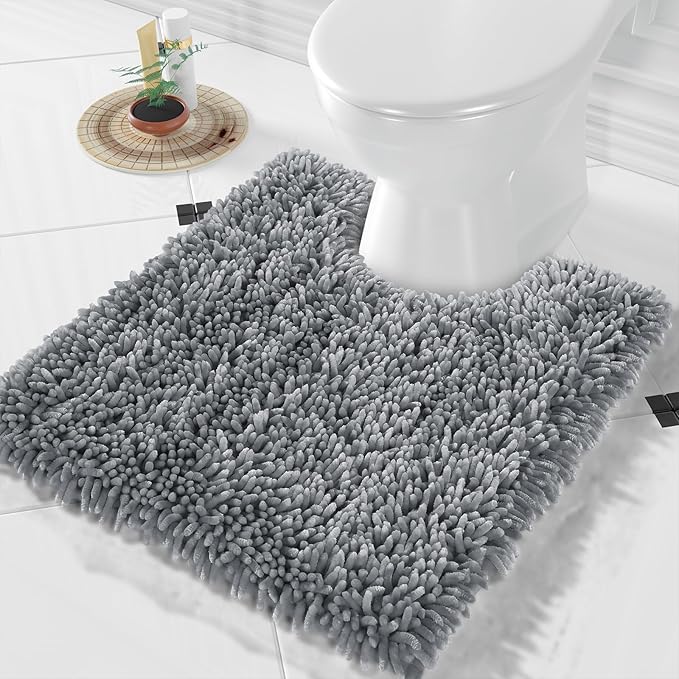 Yimobra Toilet Rugs U Shaped Washable, Extra Thick Soft Absorbent Chenille Contour Bathroom Rugs for Toilet 24x20 Inch, Quick Dry Non Slip Toilet Mat for Bath Floor, Silver