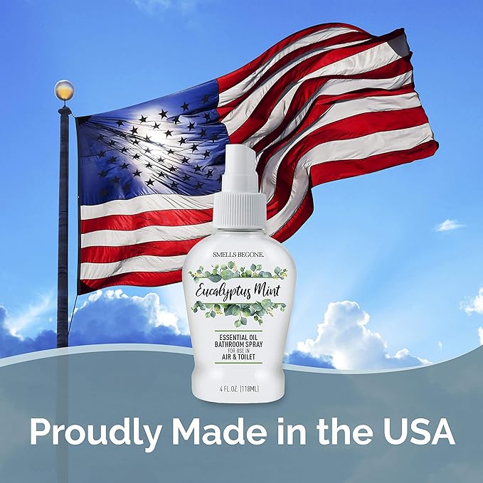 SMELLS BEGONE 4 oz Essential Oil Air Freshener Bathroom Spray - Eliminates Bathroom & Toilet Odors - Made with Essential Oils - Eucalyptus Mint Scent