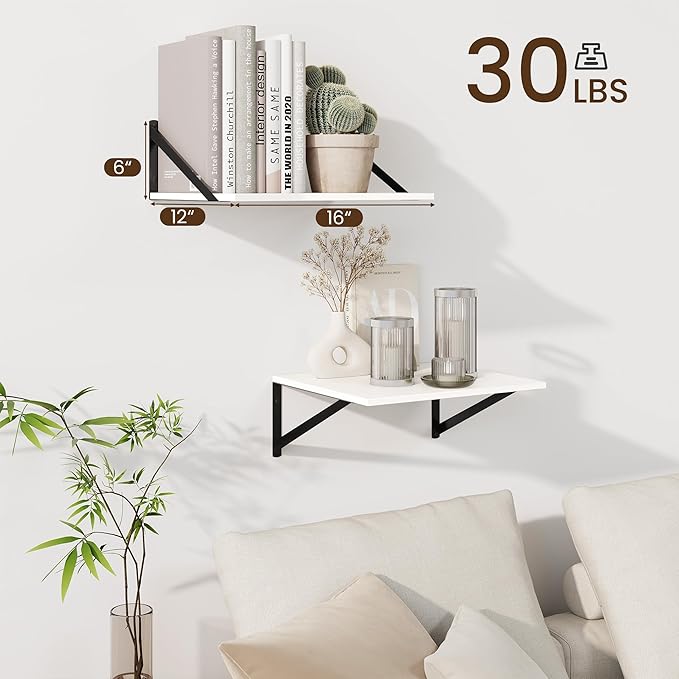 Fun Memories Floating Shelves for Wall, 12 Inch Deep Floating Shelves Set of 2, 16W x 12D Large Wall Shelf with Sturdy Metal Brackets for Living Room, Bathroom, Bedroom and Kitchen, White