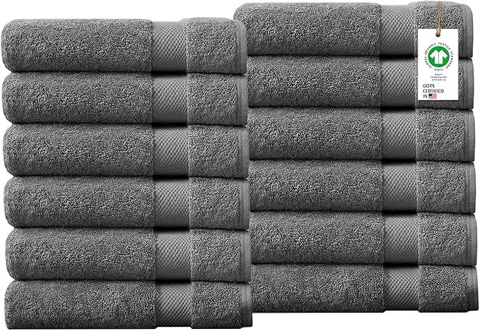 Delara 100% Organic Cotton Towels 650 GSM Plush Feather Touch Quick Dry Wash Cloth, Pack of 12 GOTS Certified, Oeko-Tex Green Certified, Organic Cotton Wash Cloth, 13"X13"