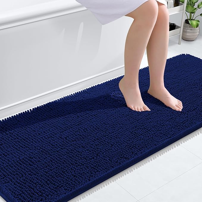 OLANLY Bathroom Rugs 70x24, Extra Soft Absorbent Chenille Bath Rugs, Rubber Backing Quick Dry, Machine Washable Bath Mats for Bathroom Floor, Tub and Shower, Home Decor Accessories, Navy