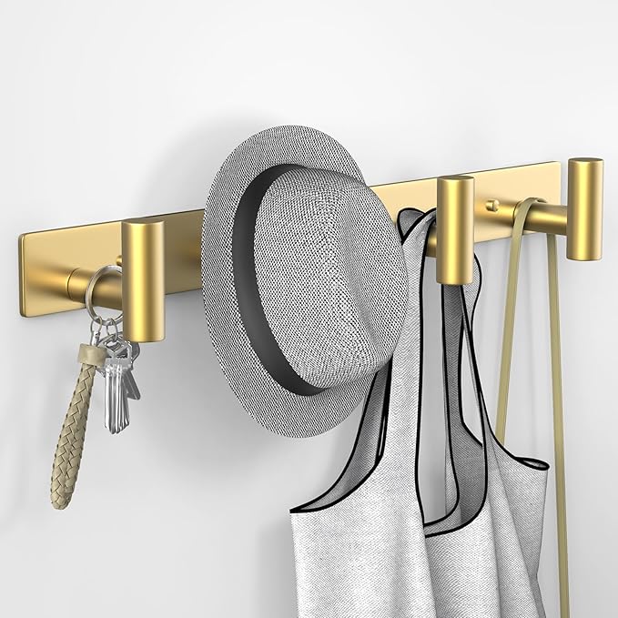 VAEHOLD Hat and Coat Wall Mount Rack - Hooks for Robes, Bags, Keys, and Towels - Bathroom Towel Hanger Organizer (Gold, “T“ Shape 4 Hooks 2 Pack)