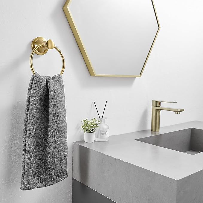 BESy Brushed Gold Bathroom Hand Towel Ring Towel Holder, Rustproof Wall Mounted Bathroom Hardware Accessory SUS 304 Stainless Steel Towel Rack