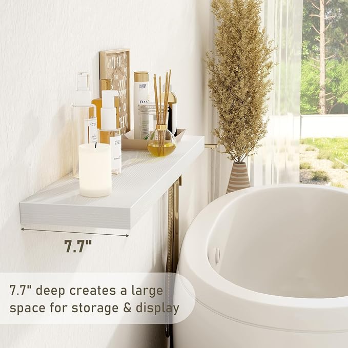 Fun Memories White Floating Shelves 36 Inch Long, Rustic Farmhouse Bathroom Shelves Over Toliet, 36 x 8 Inch Floating Shelves for Wall, Deep Wall Shelf for Living Room, Kitchen, Bedroom, Set of 2