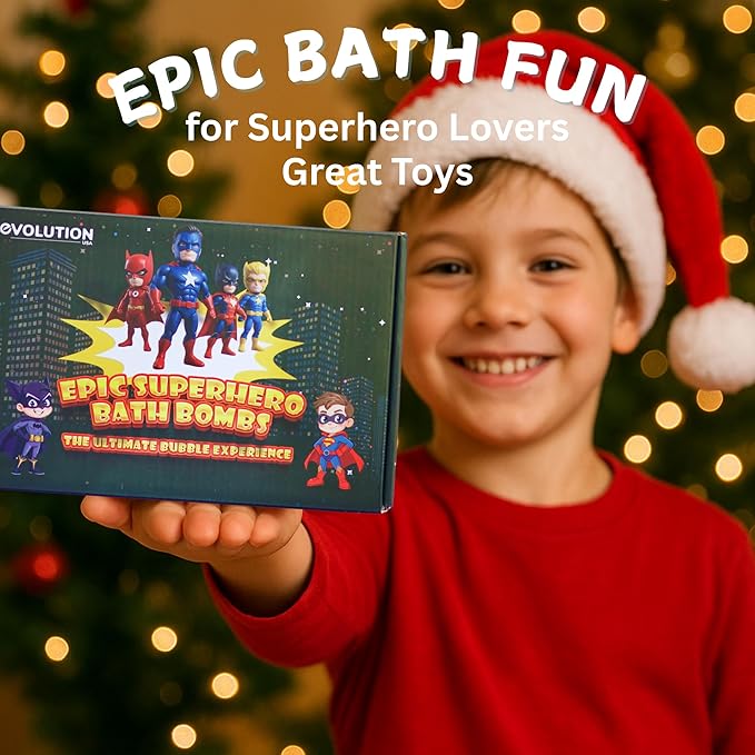 EvolutionUSA Black Epic Superhero Bath Bombs for Kids, 6 Super Hero Bath Bombs with Toy Inside, Lush Childrens Bathbombs, Organic Bathbomb with Surprise Inside, Fizzy Fun Superhero Bath Balls