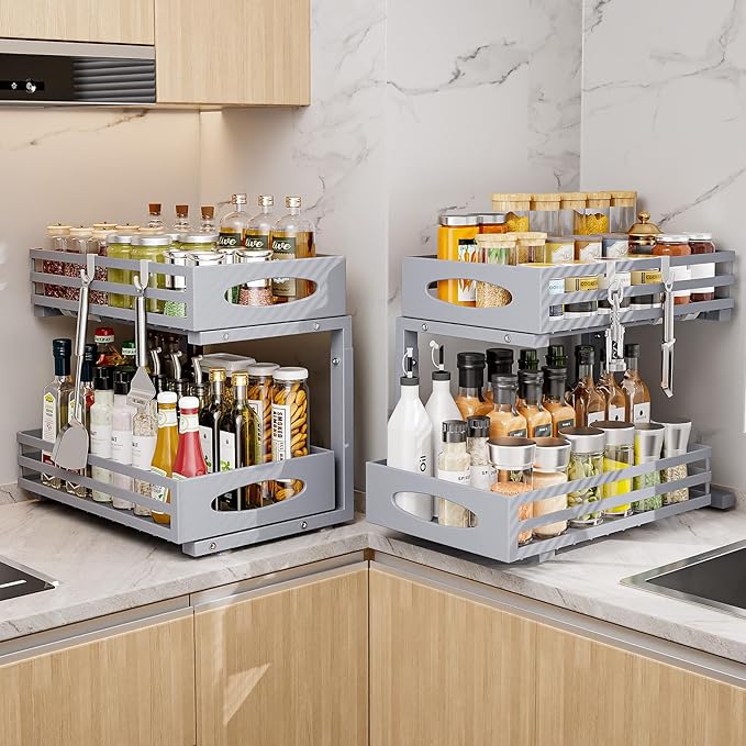 Under Sink Organizer, 2 Tier Under Sink Organizers and Storage, Adjustable Height, Slide Out Metal Cabinet Organizers, Pull Out Cabinet Storage Drawer Shelf for Kitchen Bathroom