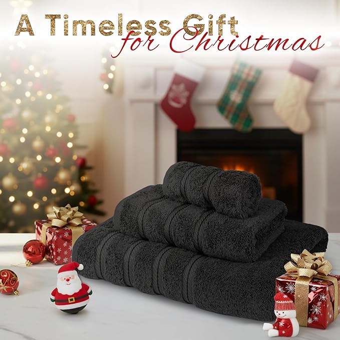 American Soft Linen Premium 3 Piece Towel Set, 1 Bath Towel 1 Hand Towel 1 Washcloth, 600 GSM 100% Cotton Turkish Towels for Bathroom, Black Towel Set