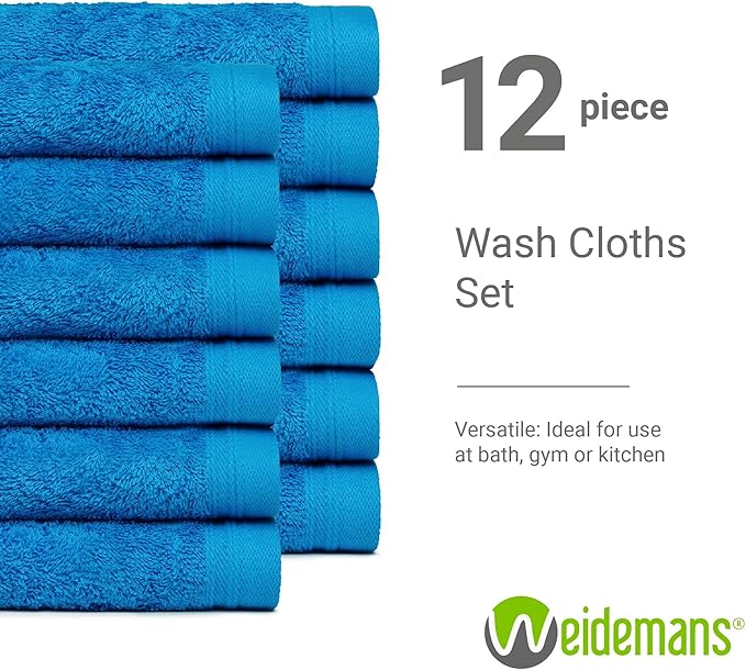 100% Cotton Washcloths Set 13” x 13” | Petrol Towels | Set of 12 Ultra Soft and Highly Absorbent Washcloths Sets for Bathroom, Gym, Hotel, Spa | Machine Washable Face Towel