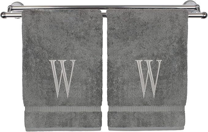 Monogrammed Hand Towel, Personalized Initial Gift, Extra Absorbent 100% Turkish Cotton - Soft Terry Finish - Set of 2 - Silver Block Initial W - Embroidered on Grey Towels