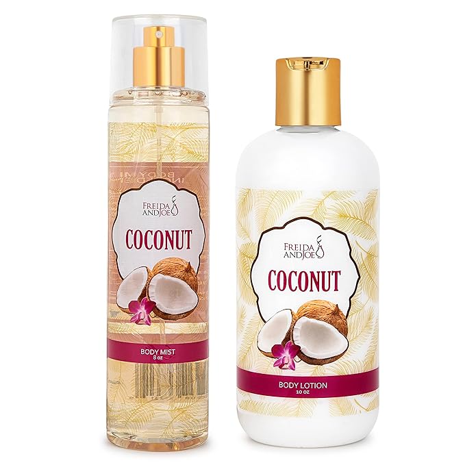 Home Spa Gift 10oz Deep Moisturizing Fragrance Body Lotion & 8 oz. Fine Fragrance Body Mist Set Luxury Self-Care Combo for Women and Girls (Coconut)