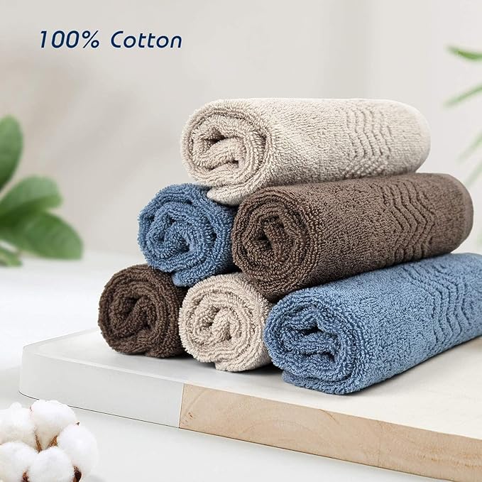 Cleanbear Cotton Washcloths Bath Wash Cloth Set 13 x 13 Inches, 6-Pack Face Cloths with 3 Colors