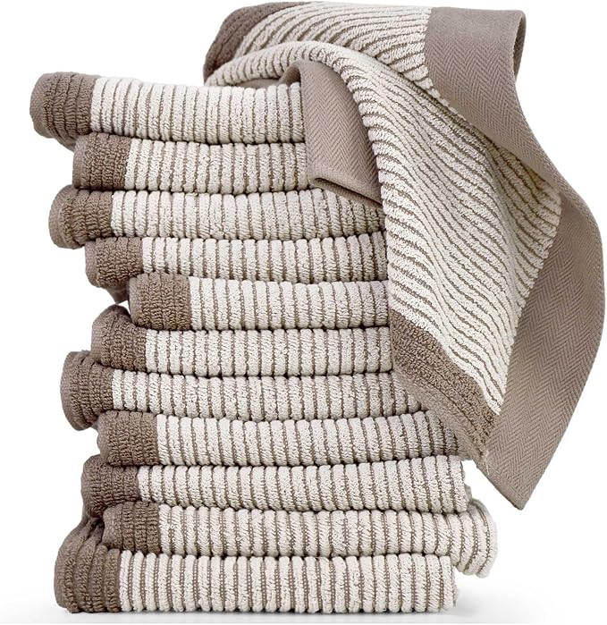 Cleanbear Wash Cloths 12 Pack, Jacquard Weaved Cotton Washcloth for Body and Face, 13.5 by 13 Inches Soft Face Towels for Sensitive Skin (Light-Brown)