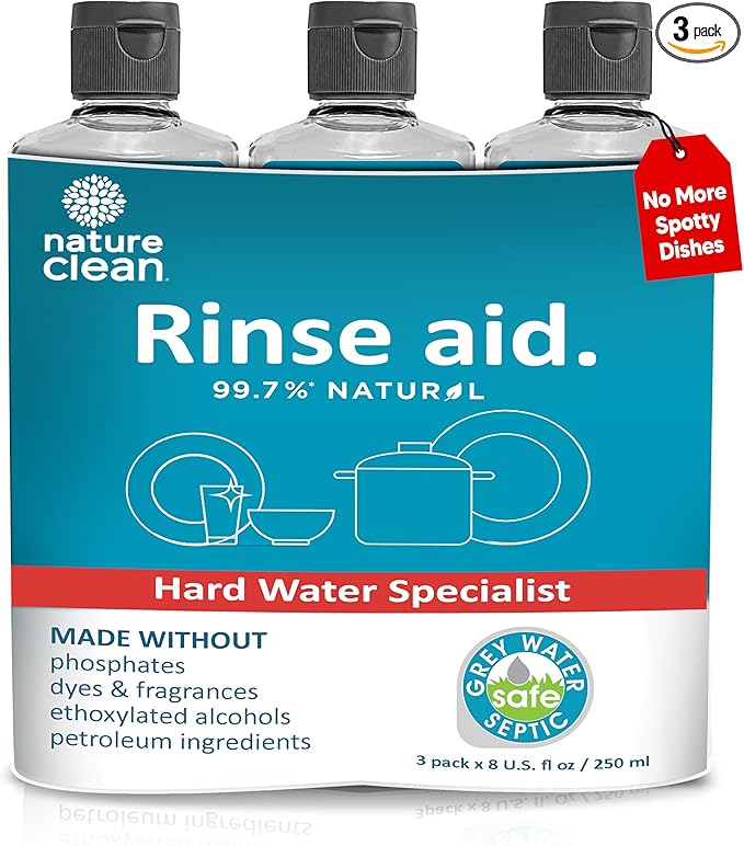 Nature Clean All Natural Dishwasher Rinse Aid Cleaner, Liquid Dishwasher Rinse Agent for Spot-Free Glass & Cutlery in Hard Water, Non Toxic Dish Washer Rinse Aid & Stain Remover, 8 oz/250ml, Pack of 3