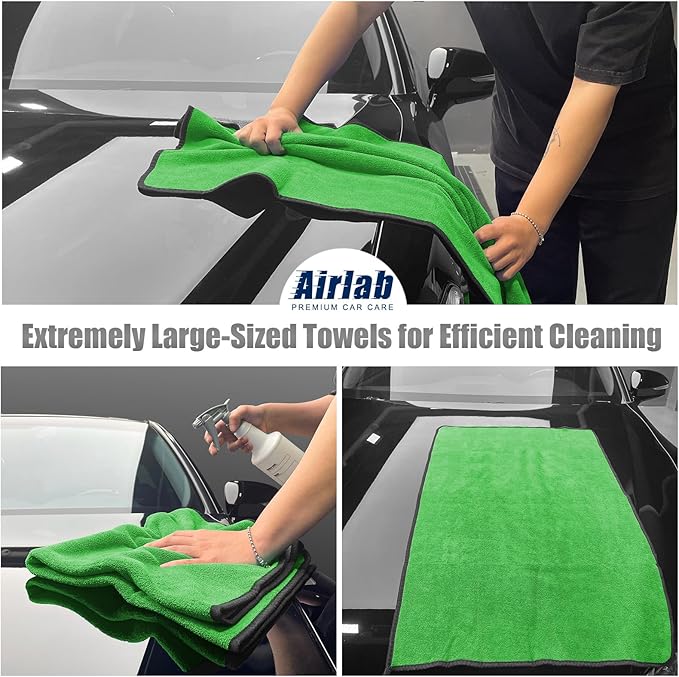 Airlab Microfiber Towels for Cars Wash Drying Thick Plush Cleaning Cloth Auto Detailing Super Absorbent for Interior & Exterior Lint Free, Streak Free, 35 x 24 Inch, 500 GSM, Pack of 2, Grey-Green