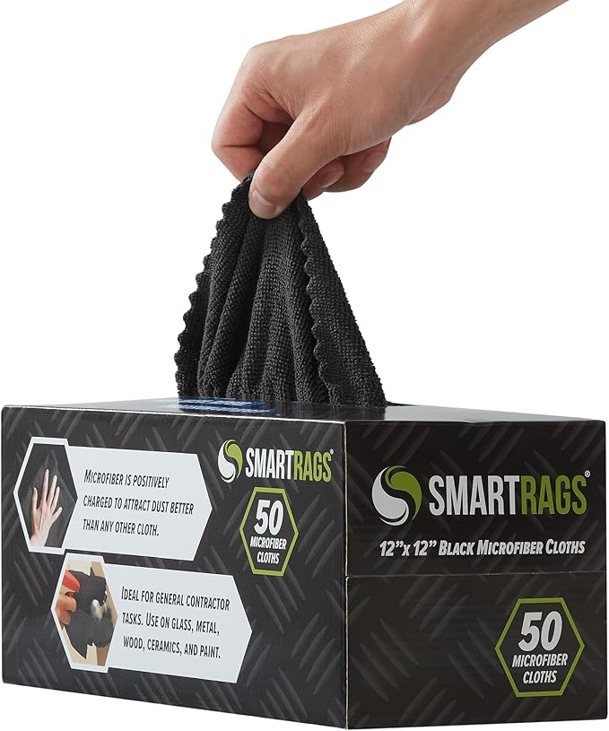 Arkwright Smart Rags in Box - (Pack of 50) Lint Free Microfiber Cleaning Cloth, Scratch & Streak-Free, Dispensable Wash Towels for Cars, Window Glass, and Auto Shop, 12 x 12 in, Black