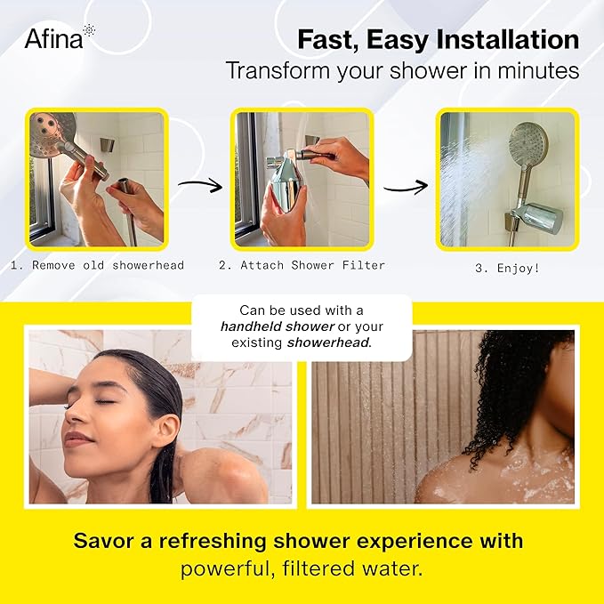 Afina Shower Filter For Hard Water - Removes 99% Chlorine, Harmful Substances & Heavy Metals - Improves your Skin & Hair (Chrome)