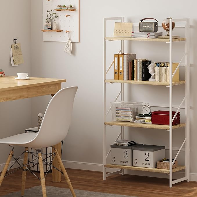 JSB No Assembly Folding Bookshelf, 4 Tier Industrial Metal Book Shelf for Storage, Vintage Wood Foldable Bookcase for Living Room, Bedroom, Office Organization Shelves