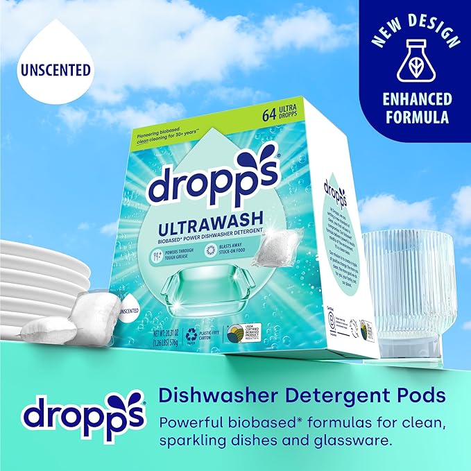 Dropps UltraWash Dishwasher Pods, Unscented (64 Count) - Biobased Power Deep Clean Dishwasher Detergent Tablets for Sparkling Shiny Dishes - No Rinse Aid or Pre-Wash Needed - Dishwashing Pods
