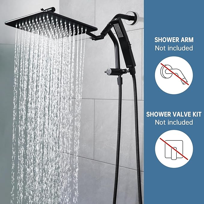 G-Promise All Metal 12 Inches Rain Shower Head with Handheld Built-in Power Wash Mode, 3-way Diverter with Pause Setting, 11 Inches Adjustable Extension Arm with Lock Joint, Long Hose (Matte Black)