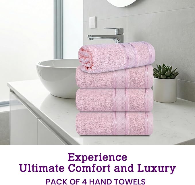 Casa Lino 100% Cotton Hand Towels for Bathroom - Soft, Highly Absorbent & Quick Dry Kitchen Towels - Gym Towel Set - Travel Towel Set - 24" x 16" - Pack of 4 - (Blush Pink)