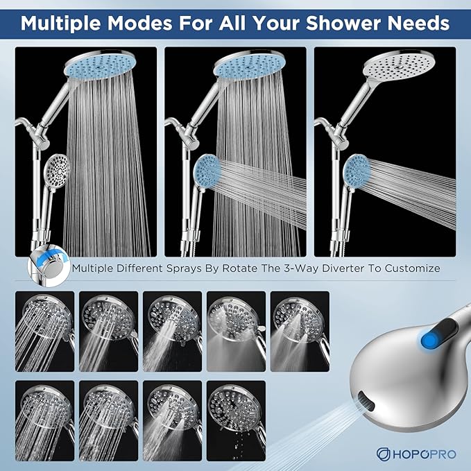 Dual Filtered Handheld Shower Heads Combo, HOPOPRO 15-Mode High Pressure Rainfall Showerheads Combo Set with Filter, for Hard Water, Removes Chlorine, Improves Skin Hair Condition, Modern Chrome