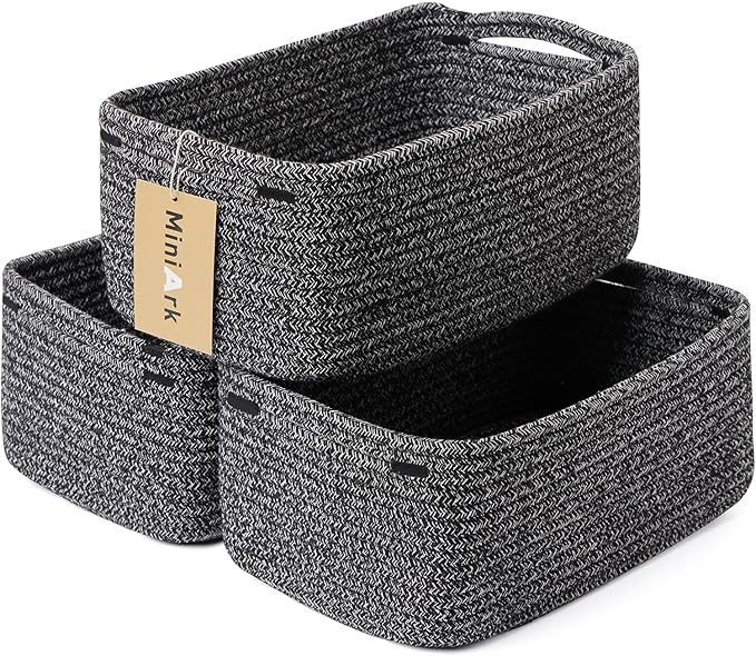 Small Storage Baskets for Organizing | Closet Organizer Bins | Shelf Toy Basket | Woven Rope Baskets | Cube Decorative Box | Shallow Basket | 13x8.5x5.1” | 3 Packs Dark Gray