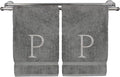 Monogrammed Hand Towel, Personalized Initial Gift, Extra Absorbent 100% Turkish Cotton - Soft Terry Finish - Set of 2 - Silver Block Initial P - Embroidered on Grey Towels